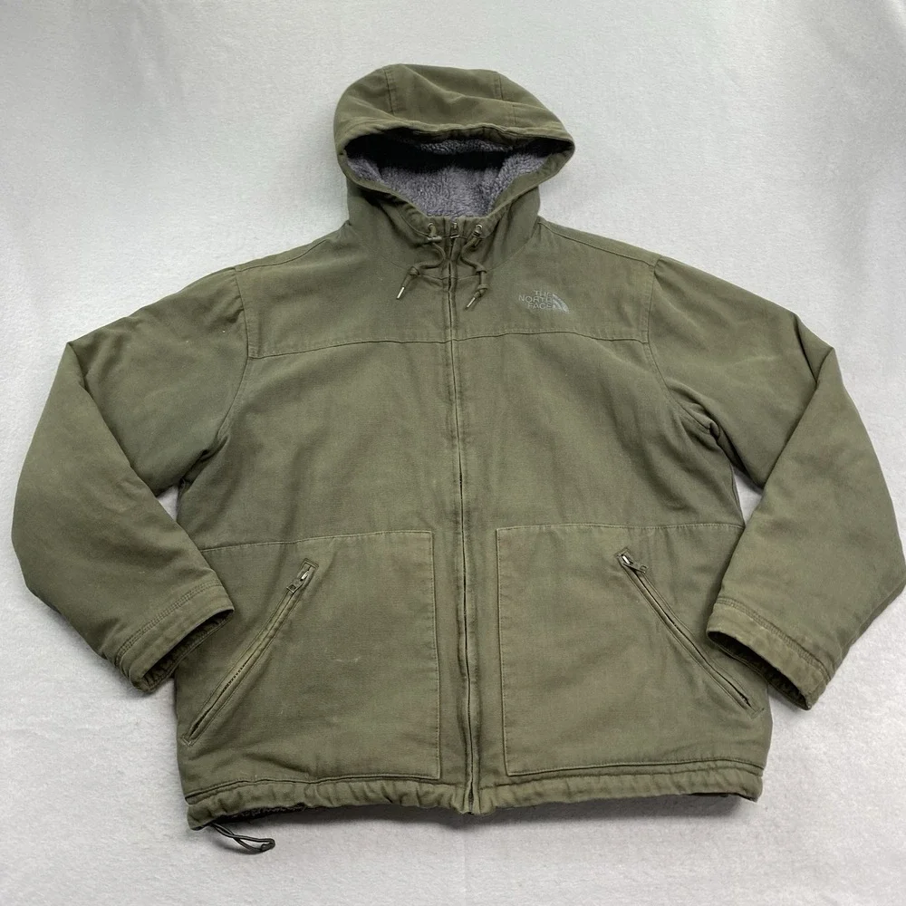 Vintage Ther North Face Jacket Mens Large Green Canvas Full Zip Hooded Sherpa